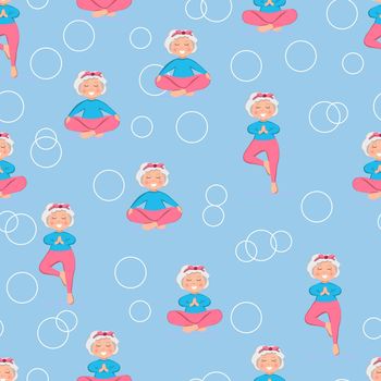 Seamless pattern with Sporty Granny does Yoga on blue background. Old person. Senior woman in pose yoga. Exercising for better health. Grandma. Grandmother character. Vector illustration for print.