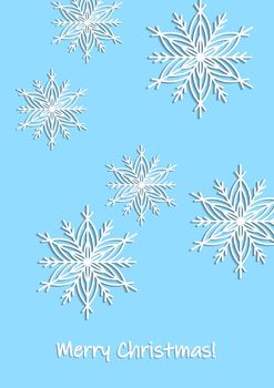 Merry Christmas, holiday, celebration greeting and invitation card, banner, frame, header, postcard. Layout template. White snowflakes on blue background. Winter flat illustration.