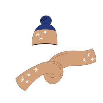 Set with winter accessories: hat and scarf. Cute vector winter warm knitted clothes collection in cartoon style. Christmas vector illustration. Template design for card, postcard, print