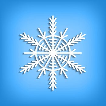 White template snowflake with shadow on blue background. Isolated snowflakes icon. Empty paper shape. Winter cartoon flat illustration. Geometric hexagonal pattern. Hand draw style