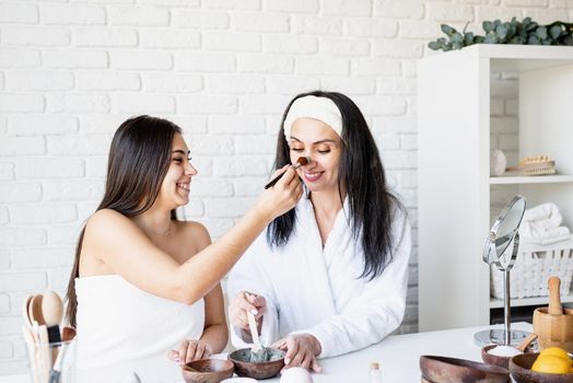 Spa and wellness concept. Self care. two beautiful women making facial mask having fun