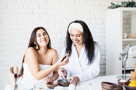 Spa and wellness concept. Self care. two beautiful women making facial mask having fun