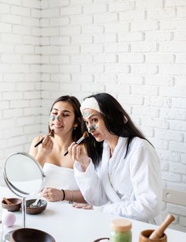 Spa and wellness concept. Self care. two beautiful women applying facial mask having fun