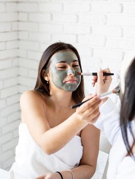 Spa and wellness concept. Self care. two beautiful women applying facial mask having fun