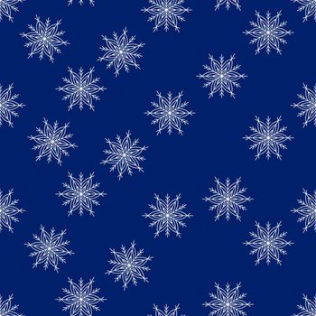 Winter seamless pattern with white snowflakes on blue background. Vector illustration for fabric, textile wallpaper, posters, gift wrapping paper. Christmas vector illustration