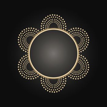 Golden frame with lace ornament in circle on black background. Art deco. Luxury gold round mandala, hand draw design. Ethnic motif. Abstract vector illustration. Template design for invitation.