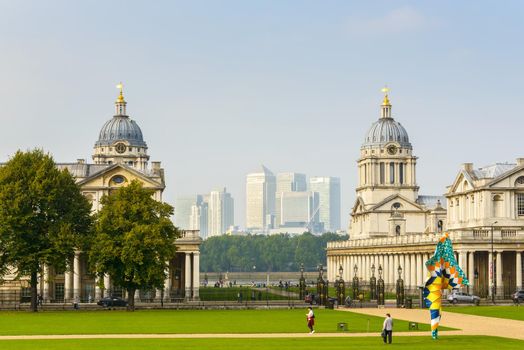 GREENWICH, UK - CIRCA SEPTEMBER 2013: The University of Greenwich and Canary Wharf in the background.