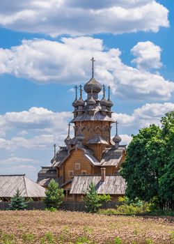 Svyatogorsk, Ukraine 07.16.2020.  Wooden All Saints skete, a part of the Svyatogorsk Lavra in Ukraine, on a sunny summer day