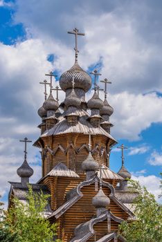 Svyatogorsk, Ukraine 07.16.2020.  Wooden All Saints skete, a part of the Svyatogorsk Lavra in Ukraine, on a sunny summer day