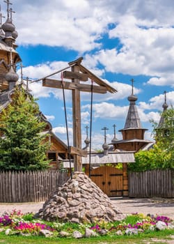 Svyatogorsk, Ukraine 07.16.2020.  Wooden All Saints skete, a part of the Svyatogorsk Lavra in Ukraine, on a sunny summer day