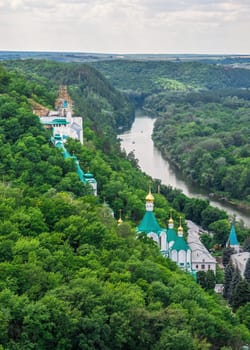 Svyatogorsk, Ukraine 07.16.2020.  View from above of the Holy Mountains Lavra of the Holy Dormition in Svyatogorsk or Sviatohirsk, Ukraine, on a summer day