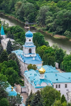 Svyatogorsk, Ukraine 07.16.2020.  View from above of the Holy Mountains Lavra of the Holy Dormition in Svyatogorsk or Sviatohirsk, Ukraine, on a summer day