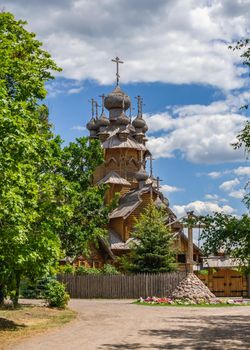 Svyatogorsk, Ukraine 07.16.2020.  Wooden All Saints skete, a part of the Svyatogorsk Lavra in Ukraine, on a sunny summer day