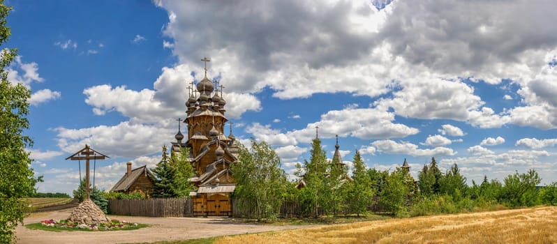 Svyatogorsk, Ukraine 07.16.2020.  Wooden All Saints skete, a part of the Svyatogorsk Lavra in Ukraine, on a sunny summer day