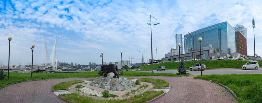 Vladivostok, Primorsky Krai-September 3, 2019: Panorama of the cityscape overlooking the Mariinsky theatre.