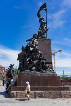 Vladivostok, Russia-October 20, 2018: Monument to the red army against the blue sky.