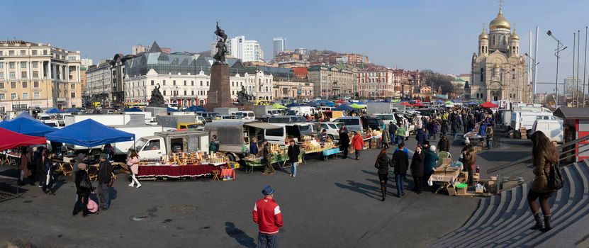 Vladivostok, Primorsky Krai-March 2, 2019: Trade fair on the main square of the city.