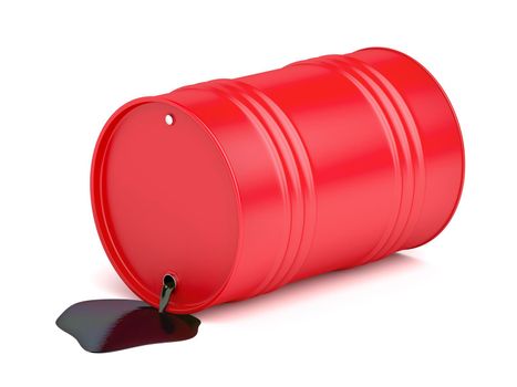 Oil spilled from red barrel on white background