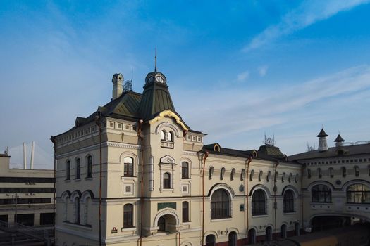 Vladivostok, Russia-March 18, 2020: Old railway station building.