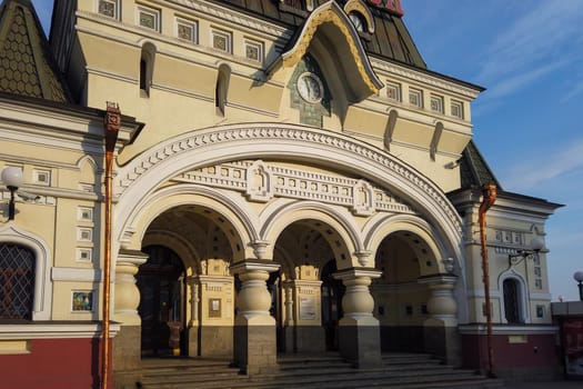 Vladivostok, Russia-March 18, 2020: Old railway station building.