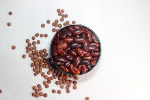 Top view of assortment of nuts, seeds and fruits. Collection of different spices and cereals.