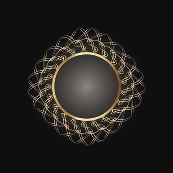 Golden frame with lace ornament in circle on black background. Art deco. Luxury gold round mandala, hand draw design. Ethnic motif. Abstract vector illustration.Template design for invitation.