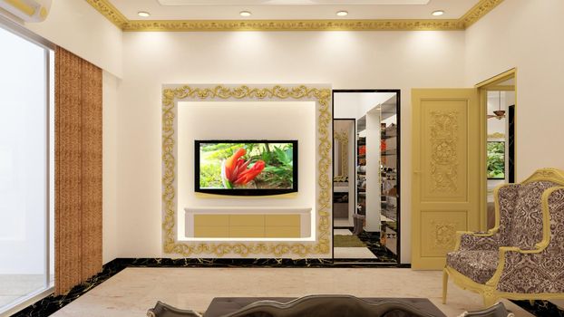 3d render Illustration classic style living room tv unit. white, black and gold color theme classic combinations.