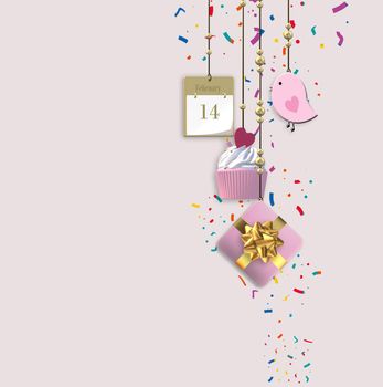 Cute Valentine's card. Hanging heart, gift box, cup cake on pink background. Love, wedding, birthday, Valentin's card. 3D illustration