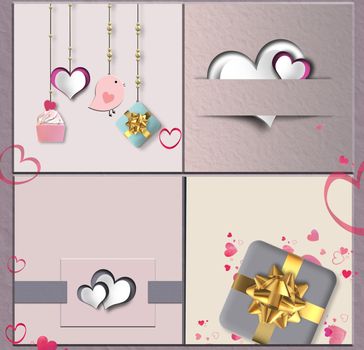 Modern abstract love collage for Valentine in pink colour, wedding birthday card with hearts, gift boxes. Pastel Vintage collection. 3D illustration