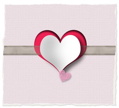 Heart, ribbon on pink background. Love, Valentines, wedding design. Paper heart on organza ribbon on vintage background. Cute loves story. Copy space, place for text. 3D illustration