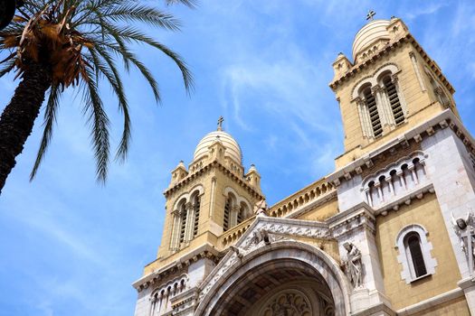 low angle exterior of catholic church in tunis, tunisia