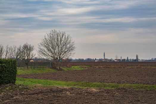 Countryside landscape in winter with blue and cloudy sky