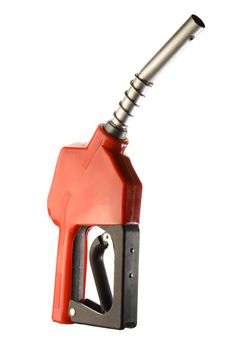 An isolated over a white background image of a red gas nozzle.