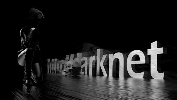 Darknet text word on a dark background, a woman in black and a skull - 3d rendering