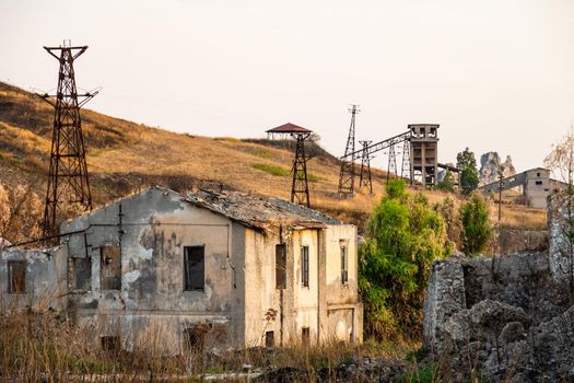 Abandoned buildings and machinery of the mining complex Trabia Tallarita in Riesi, near Caltanissetta, Italy