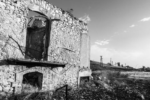 Abandoned buildings and machinery of the mining complex Trabia Tallarita in Riesi, near Caltanissetta, Italy