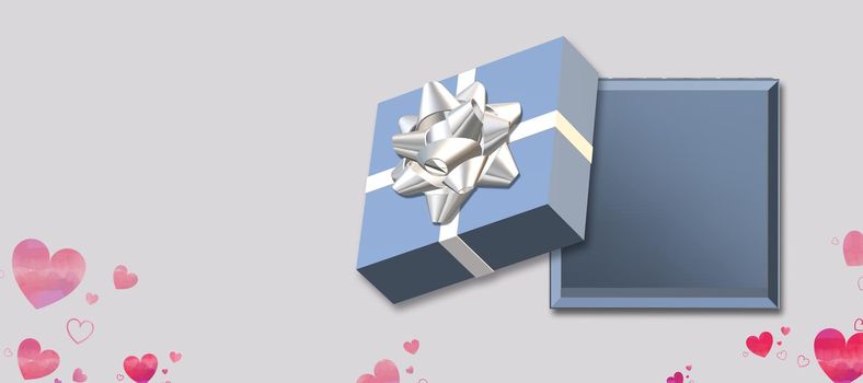 Open blue gift box top view. Love gift box with heart shape confetti on pastel background. Love, Valentines, birthday, Mothers day, Christmas, New Year. Mock up, place for text. Vertical. 3d render