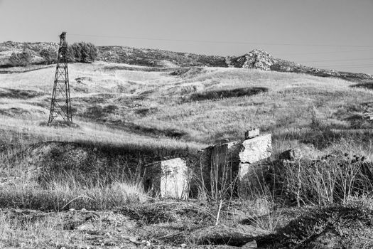 Abandoned buildings and machinery of the mining complex Trabia Tallarita in Riesi, near Caltanissetta, Italy