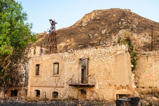 Abandoned buildings and machinery of the mining complex Trabia Tallarita in Riesi, near Caltanissetta, Italy