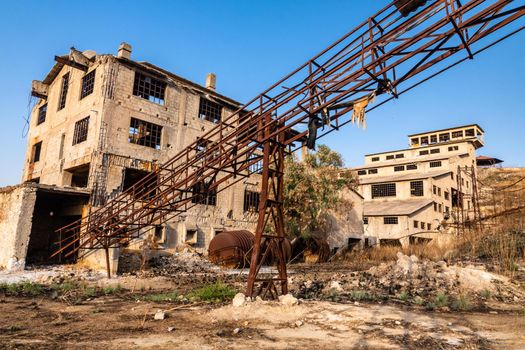 Abandoned buildings and machinery of the mining complex Trabia Tallarita in Riesi, near Caltanissetta, Italy