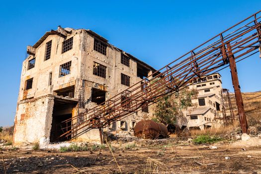 Abandoned buildings and machinery of the mining complex Trabia Tallarita in Riesi, near Caltanissetta, Italy