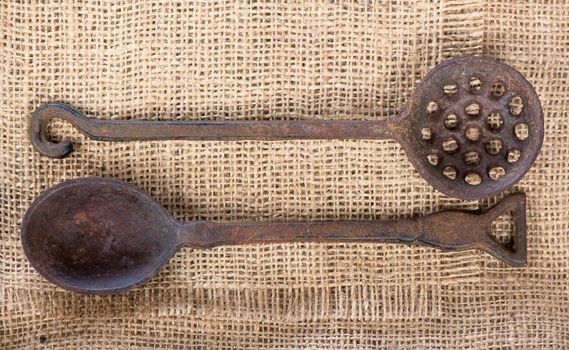 Old vintage kitchen utensils. Top view with copy space