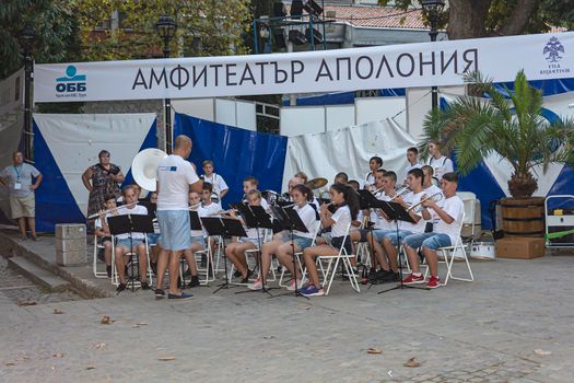 Bulgaria, Sozopol - 2018, 30 August: Children's brass band in the Apollonia Amphitheatre. Stock photo.