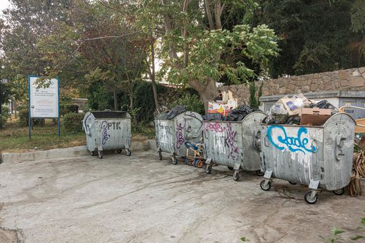 Bulgaria, Sozopol - 2018, 03 September: Garbage cans for separate sorting of household waste. Stock photo.