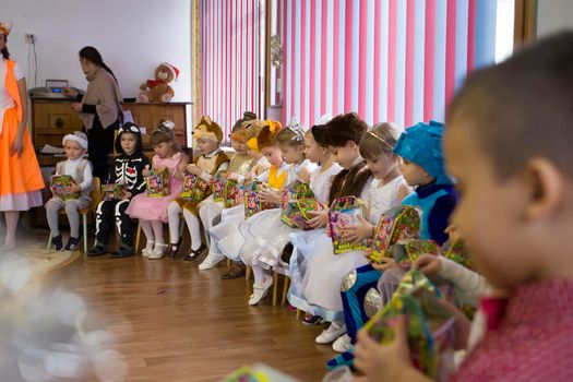 Belarus, the city of Gomil, December 27, 2018. Morning party in kindergarten.Children from kindergarten with Christmas gifts.