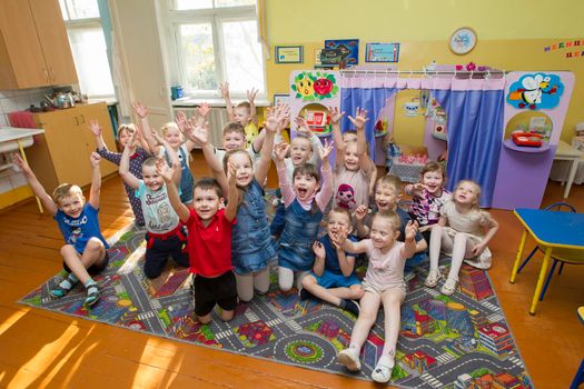 Belarus, the city of Gomil, April 25, 2019.Open day in kindergarten. Many children in kindergarten. A group of six year old boys and girls.