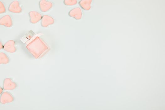 Valentine's Day, composition of hearts on a blue background. View from above. Space for text, flat lay