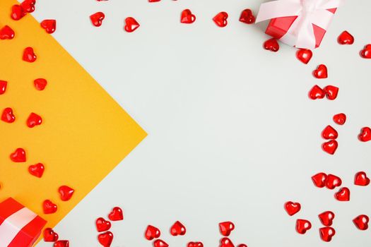 Valentine's Day, composition of hearts on a blue background. View from above. Space for text, flat lay