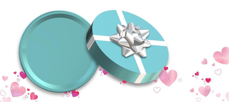 Gift box, present top view on white background, confetti. Turquoise blue box flat lay, place for text, mock up. Valentines, love design, sale, surprise, gift, birthday, wedding, Valentines 3D render