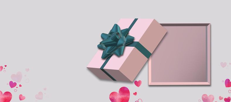 Gift box with bow top view on white background, pink hearts confetti. Pink box flat lay, place for text, mock up. Valentines, love design, sale, surprise, gift, birthday, wedding, Valentines 3D render